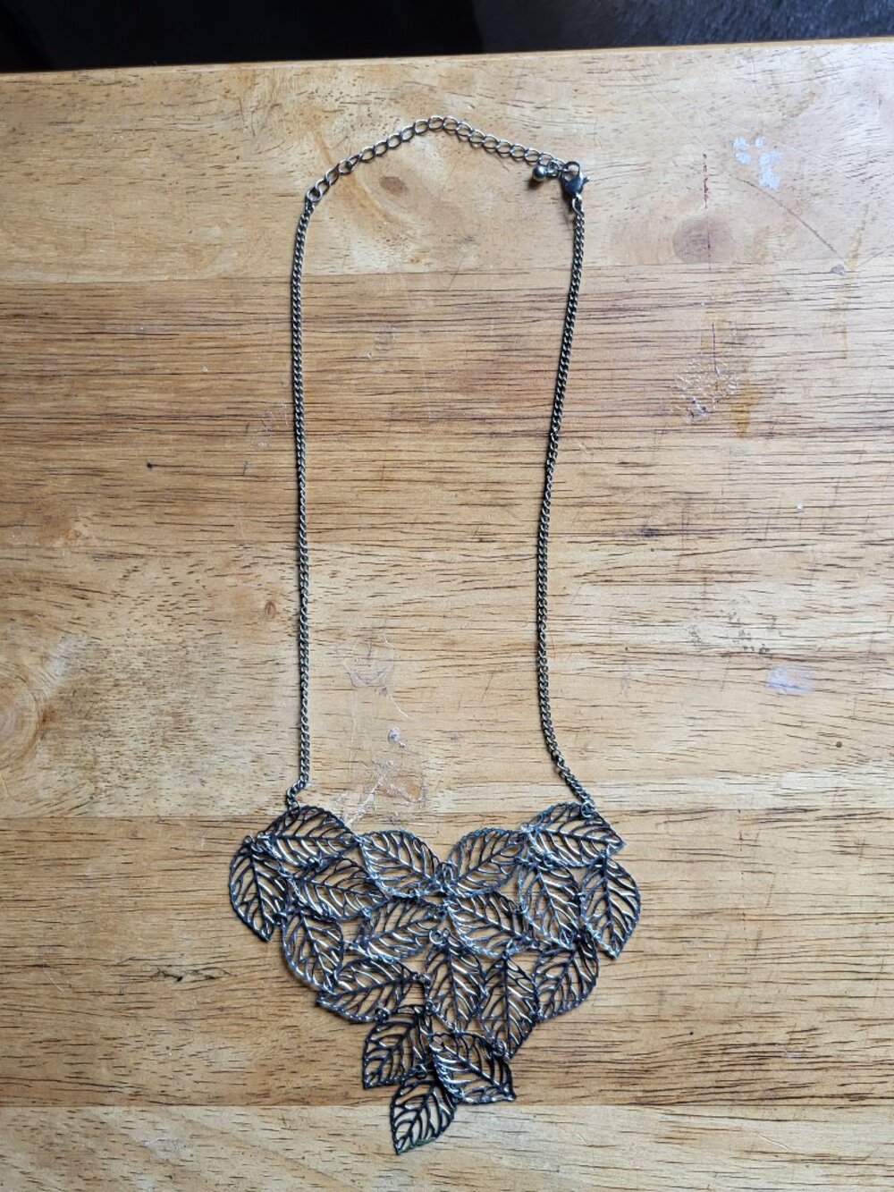 Vintage Filigree Leaf Bib Statement Necklace Silver Toned